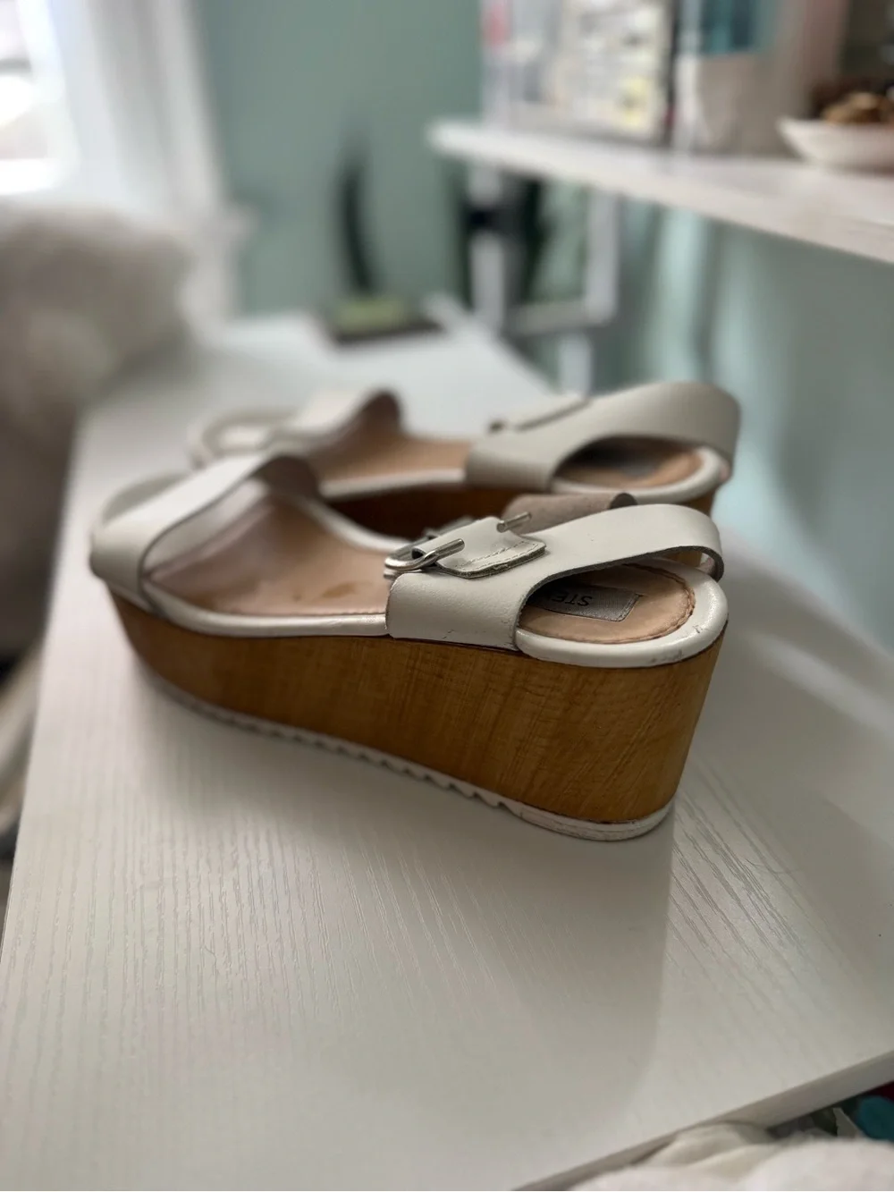 Womens Cream Platform Sandals with Buckle